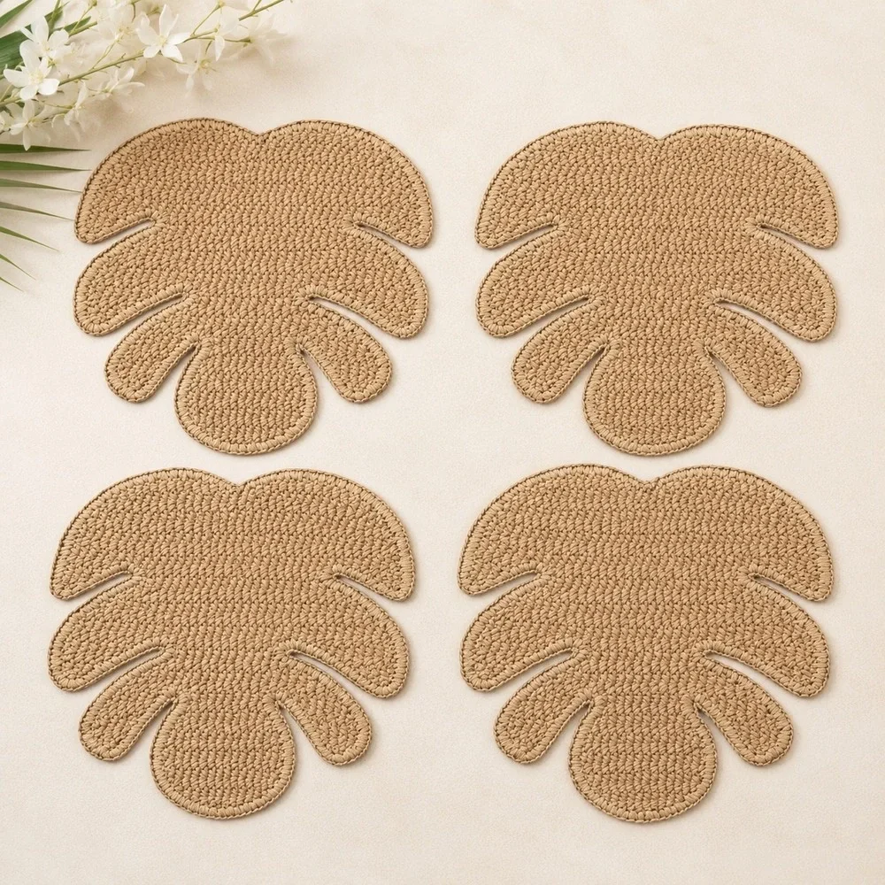 Threshold Set of 4 Natural Woven Monstera Leaf Placemats Tan Tropical Boho NEW